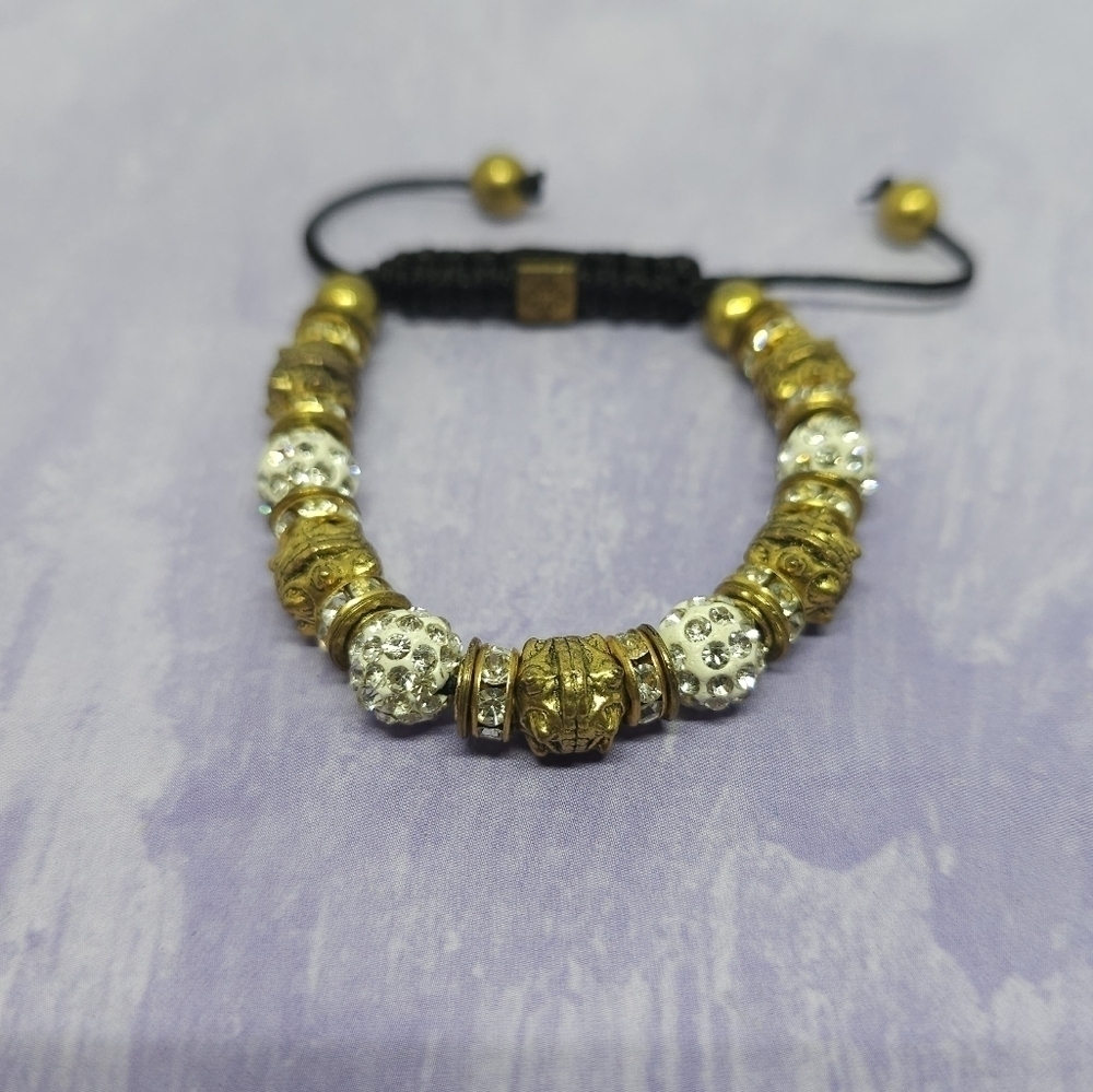 👍5 For $20 Gold Tone & White Rhinestone Beaded Bracelet Black Cord Adjustable